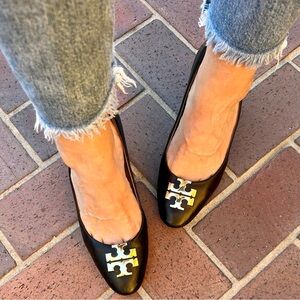 Tory Burch Black Leather Raleigh Round Toe Logo Wedge Pumps Size 9